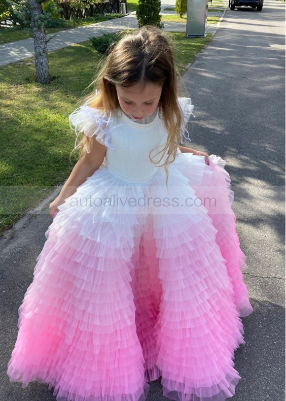 Flutter Sleeves Tulle Ruffle Flower Girl Dress